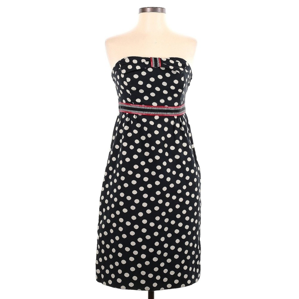 Maeve Anthropologie Dress Women 4 Black Midi Strapless‎ PolkaDot Ribbon Cotton